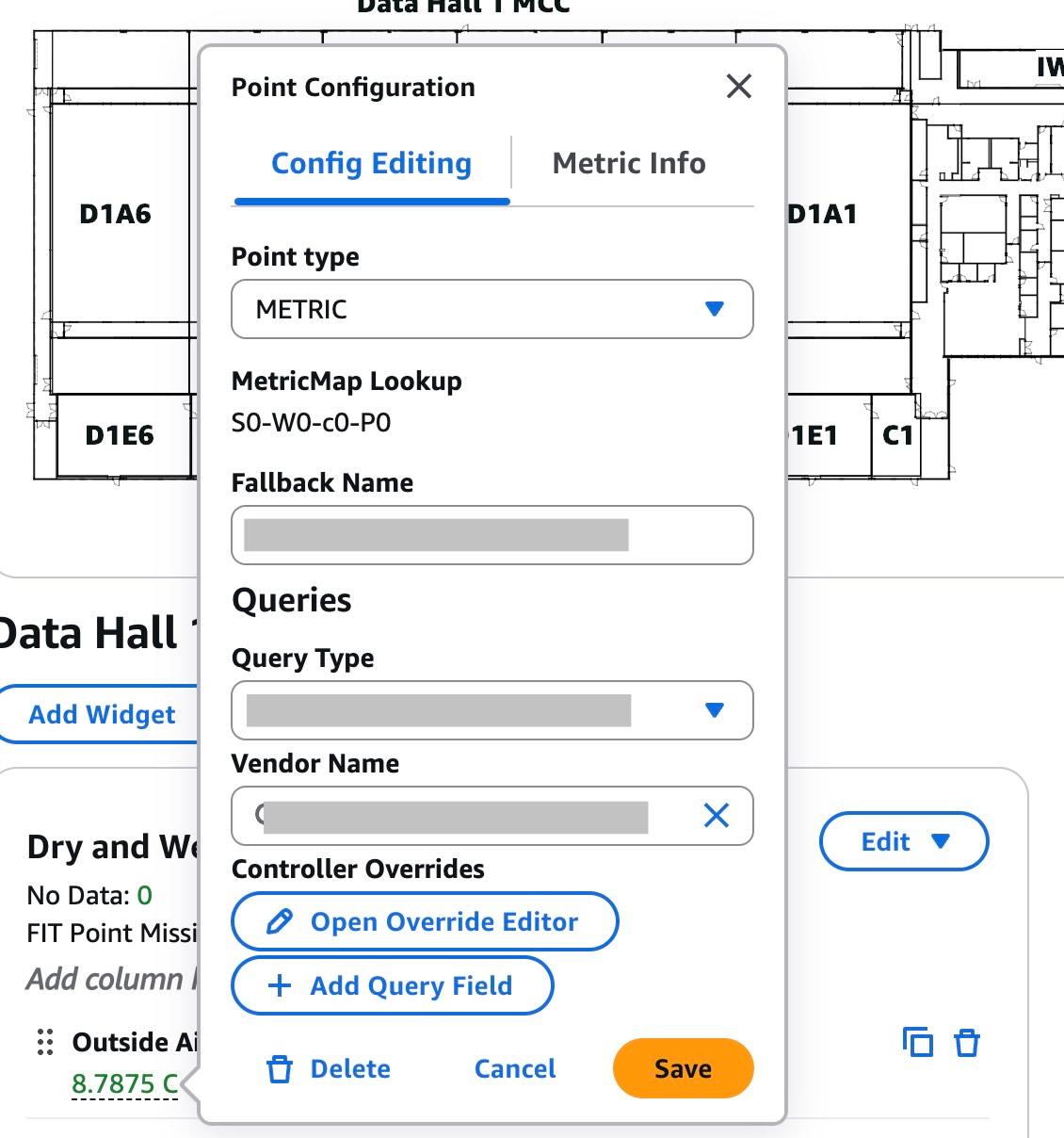 The production MetricOrganizer editor: a point configuration panel open over a data hall floor plan