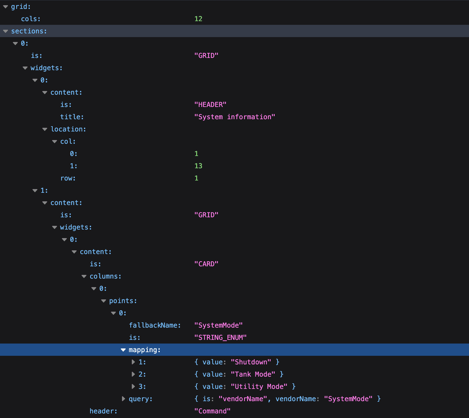 A JSON configuration file for a MetricOrganizer widget