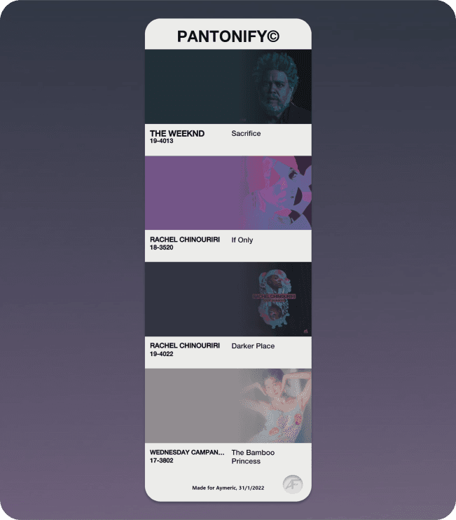 Pantonify result: a song's album art paired with its Pantone-style color swatch