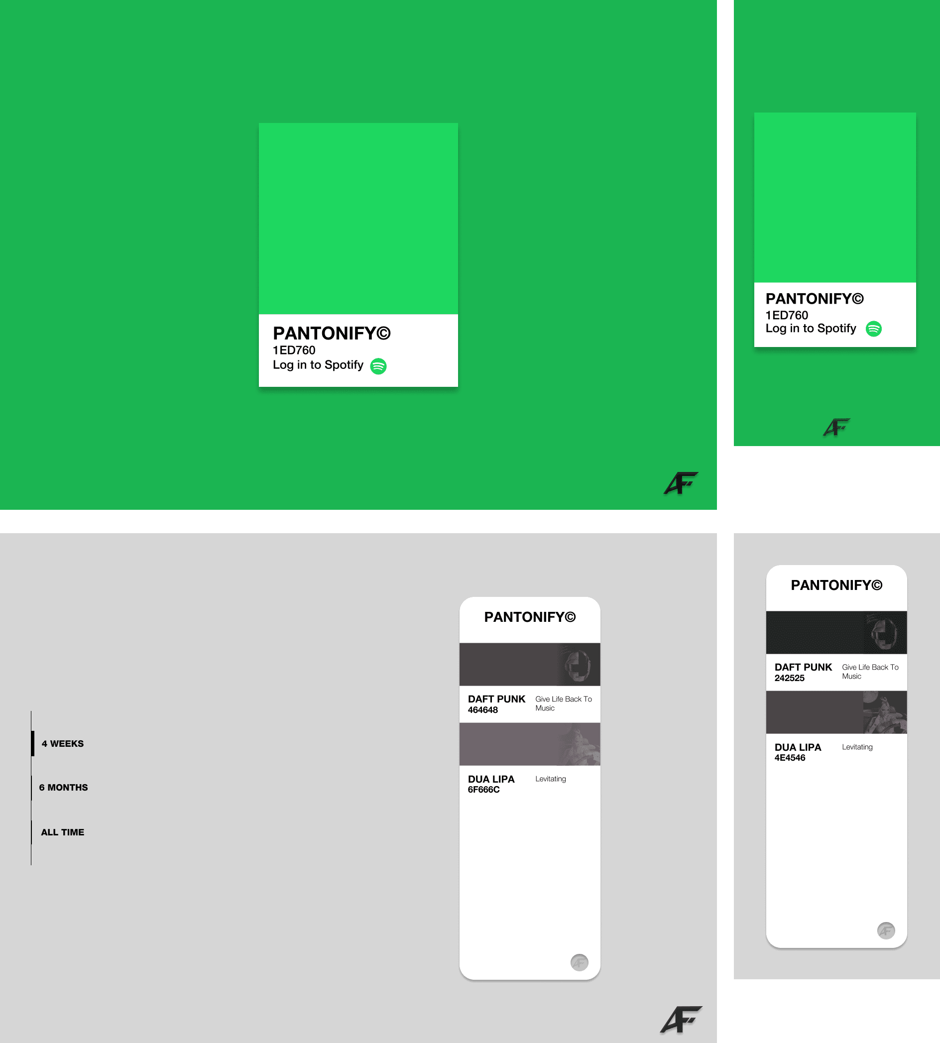 Figma mockups of the Pantonify login and swatch result screens