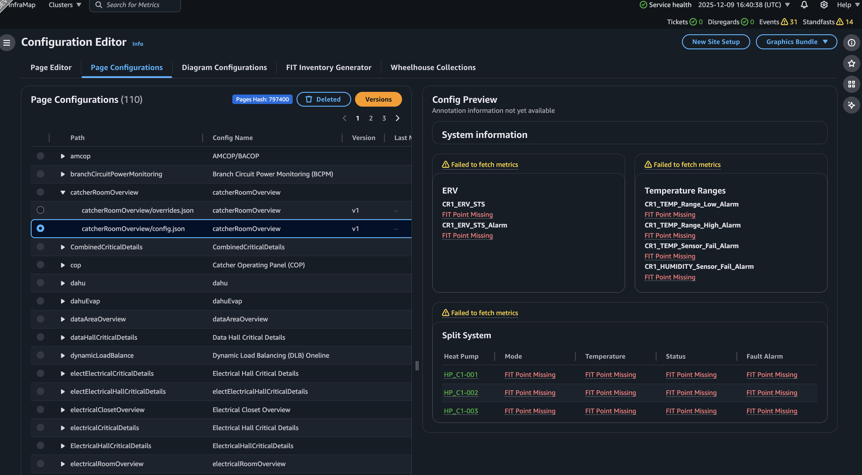 Page Configurations list of 110 configurations with paths, versions and override files, next to a config preview showing failed-to-fetch warnings and missing points.