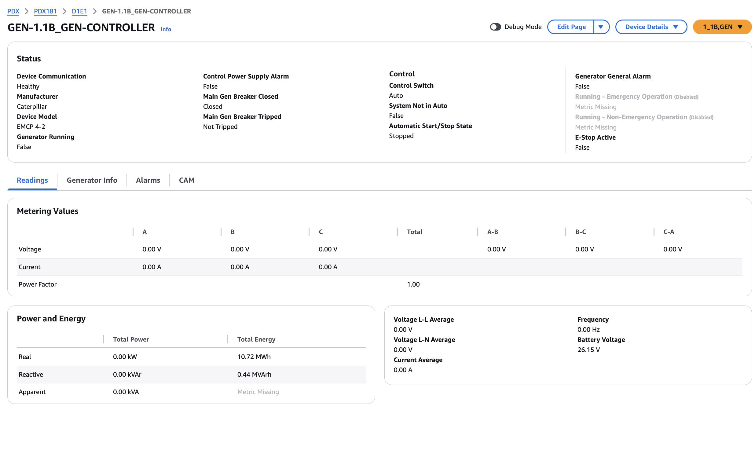Generator controller page with status columns, a metering values table by phase, and power and energy readings.